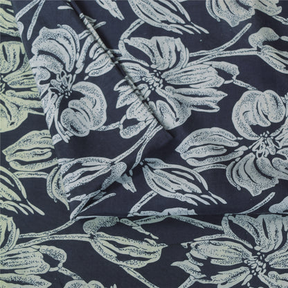 Sanskriti Vintage Sarees Black Pure Silk Floral Printed Sari 5+yd Craft Fabric