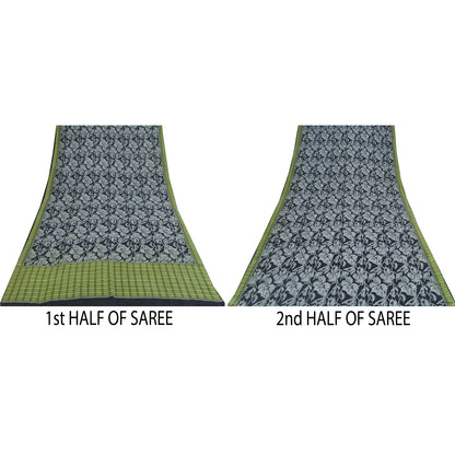 Sanskriti Vintage Sarees Black Pure Silk Floral Printed Sari 5+yd Craft Fabric