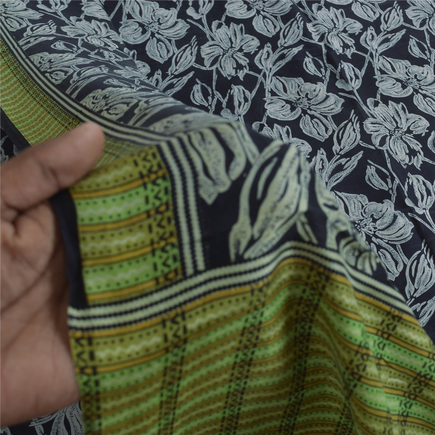 Sanskriti Vintage Sarees Black Pure Silk Floral Printed Sari 5+yd Craft Fabric