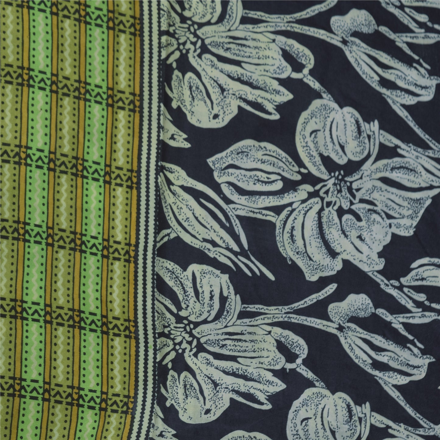 Sanskriti Vintage Sarees Black Pure Silk Floral Printed Sari 5+yd Craft Fabric