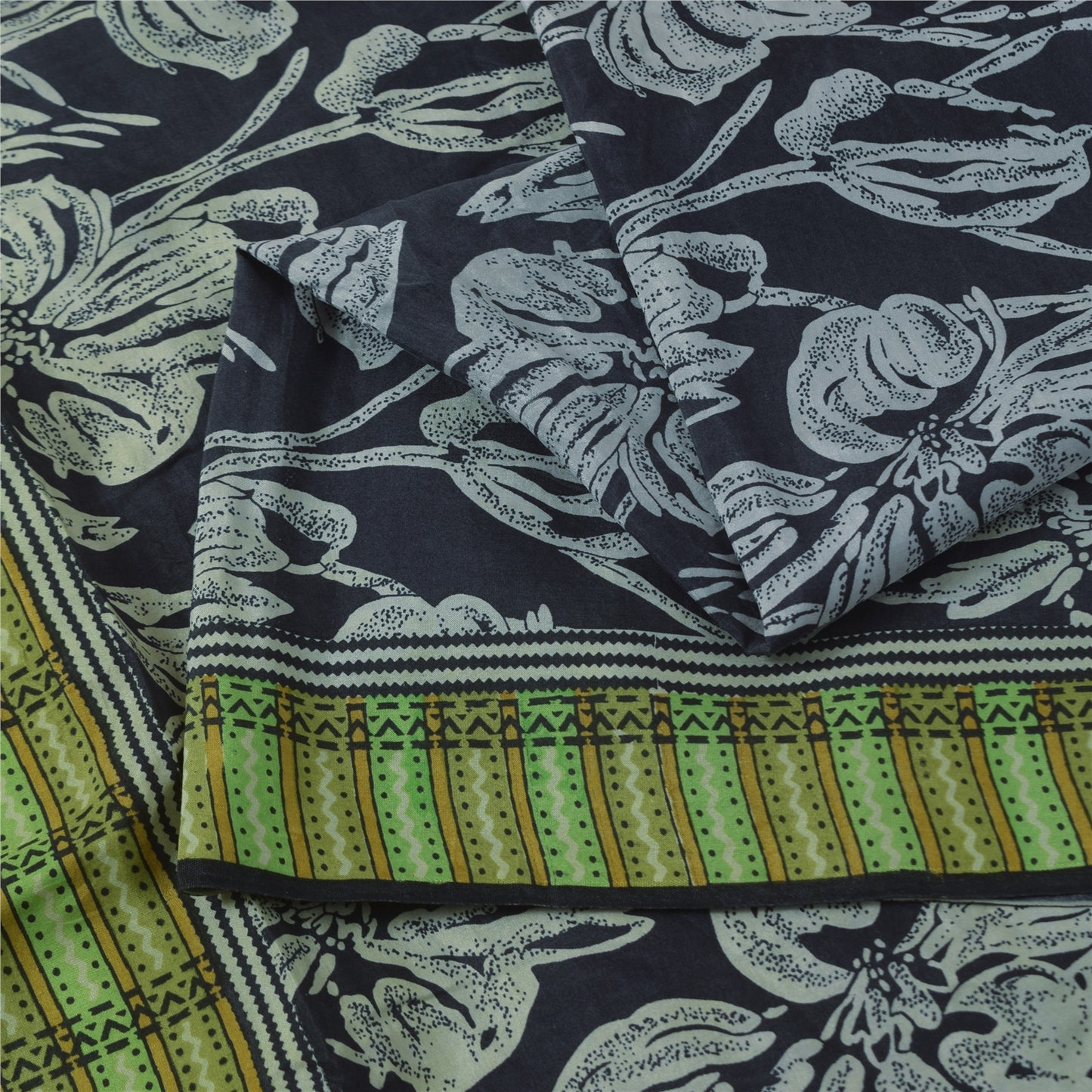 Sanskriti Vintage Sarees Black Pure Silk Floral Printed Sari 5+yd Craft Fabric