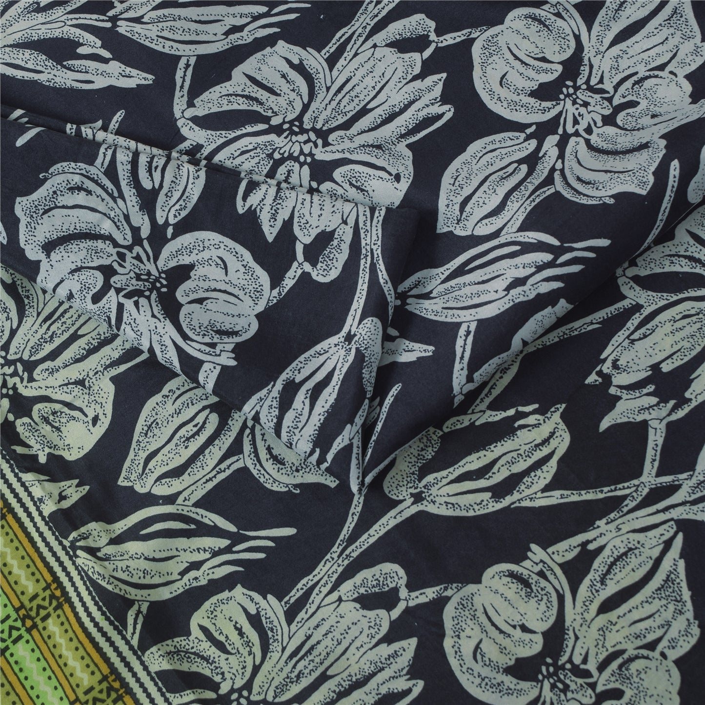 Sanskriti Vintage Sarees Black Pure Silk Floral Printed Sari 5+yd Craft Fabric