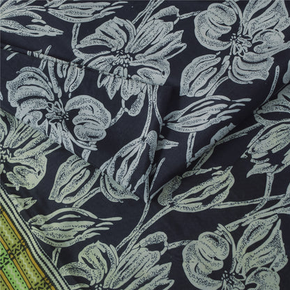 Sanskriti Vintage Sarees Black Pure Silk Floral Printed Sari 5+yd Craft Fabric