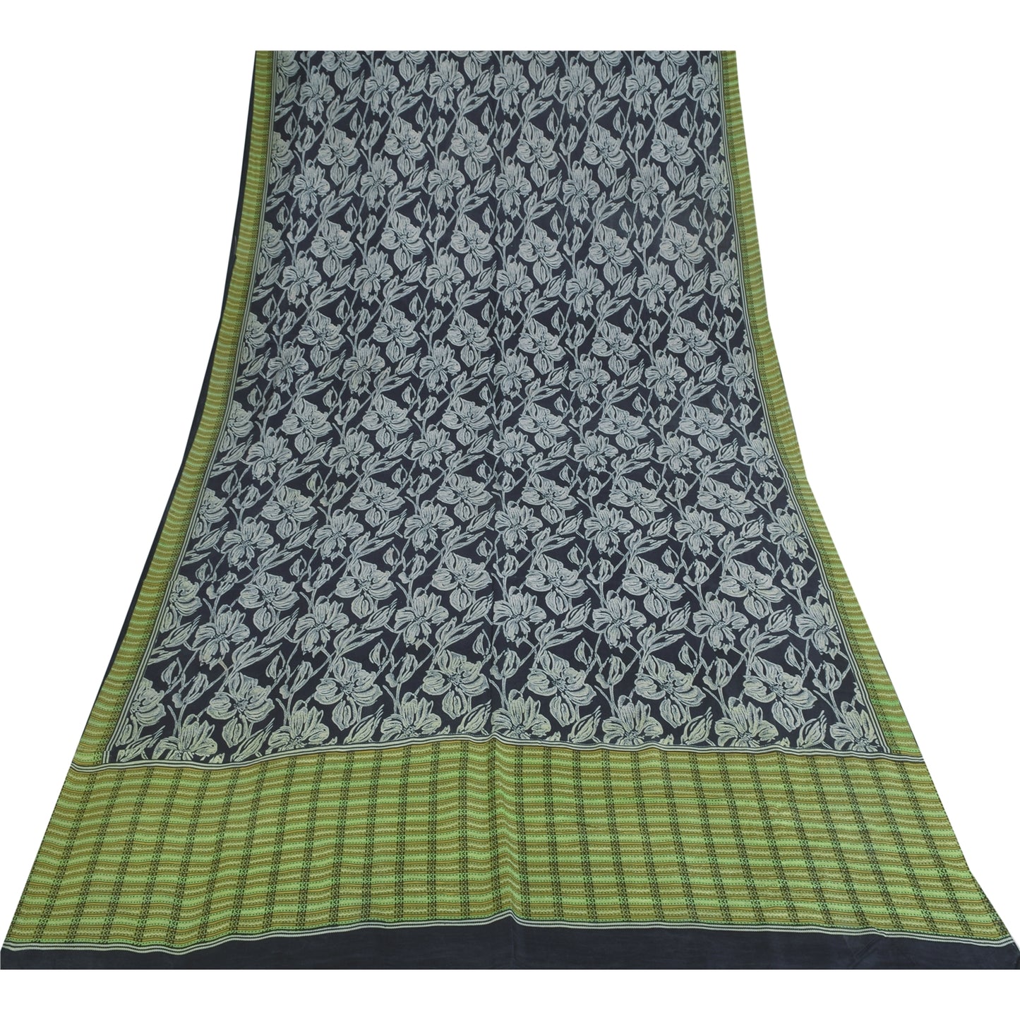 Sanskriti Vintage Sarees Black Pure Silk Floral Printed Sari 5+yd Craft Fabric