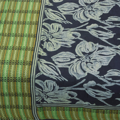 Sanskriti Vintage Sarees Black Pure Silk Floral Printed Sari 5+yd Craft Fabric