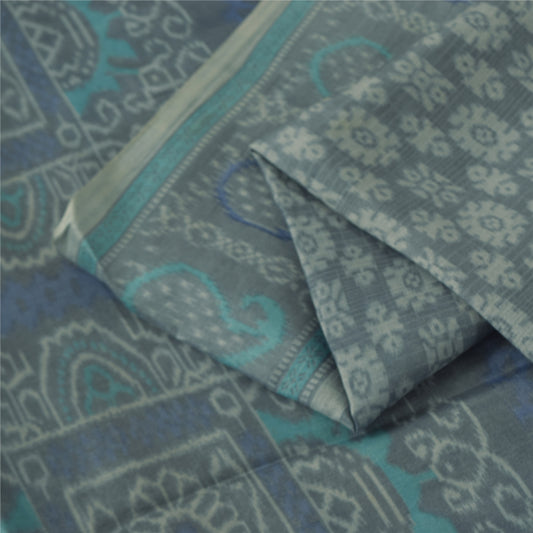 Sanskriti Vintage Sarees Grayish Blue Pure Silk Printed Sari 5+yd Craft Fabric