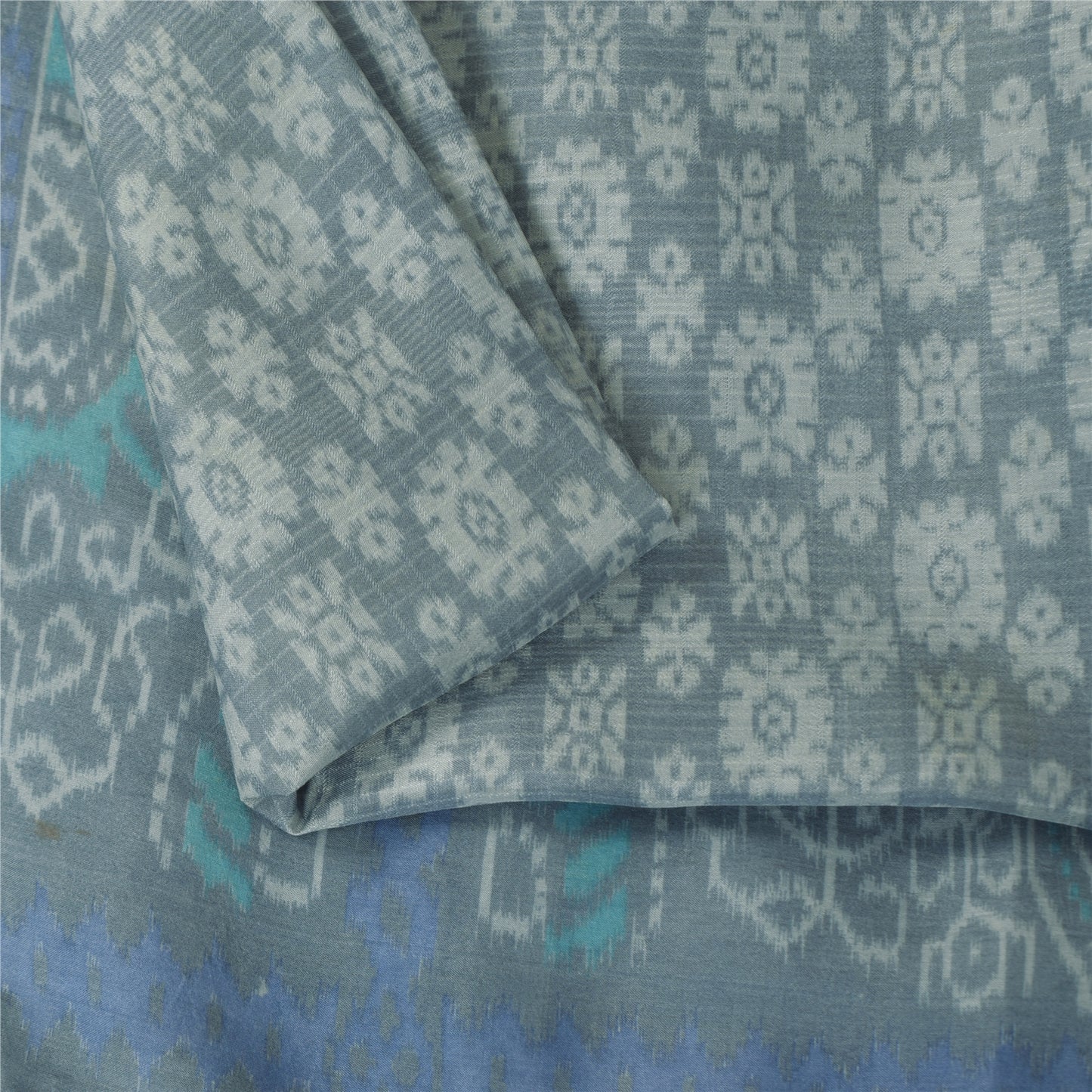 Сари в винтажном стиле на санскрите, серо-голубое, чистый шелк, напечатанное сари, 5+ ярдов, ткань для рукоделия
