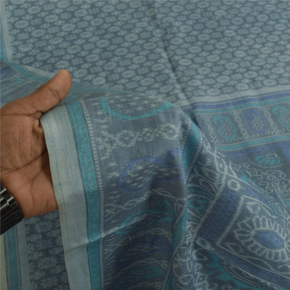Сари в винтажном стиле на санскрите, серо-голубое, чистый шелк, напечатанное сари, 5+ ярдов, ткань для рукоделия