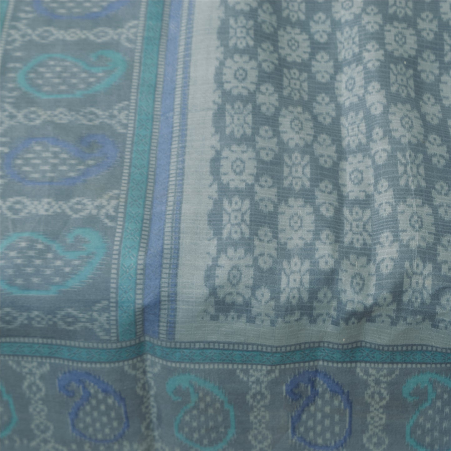 Сари в винтажном стиле на санскрите, серо-голубое, чистый шелк, напечатанное сари, 5+ ярдов, ткань для рукоделия