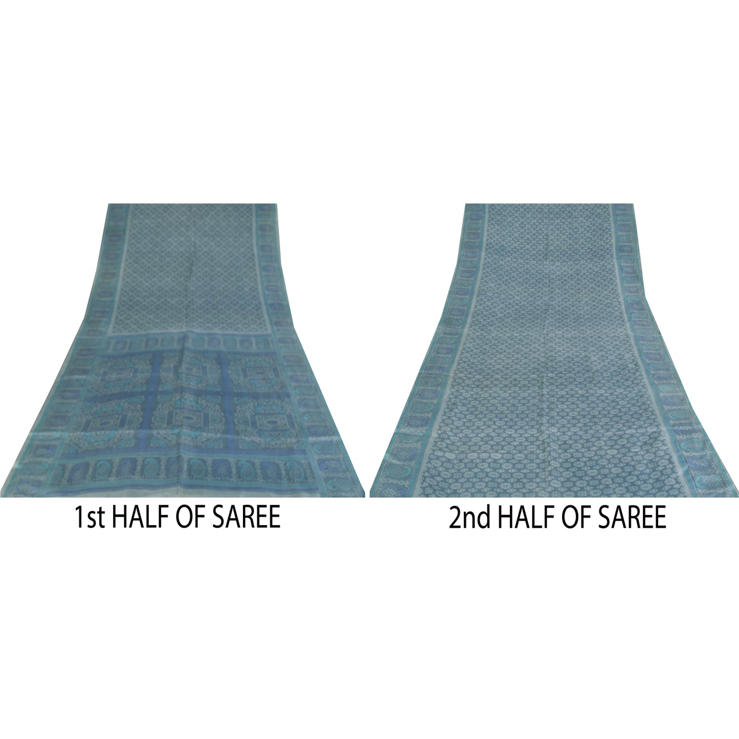 Сари в винтажном стиле на санскрите, серо-голубое, чистый шелк, напечатанное сари, 5+ ярдов, ткань для рукоделия