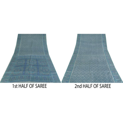 Сари в винтажном стиле на санскрите, серо-голубое, чистый шелк, напечатанное сари, 5+ ярдов, ткань для рукоделия