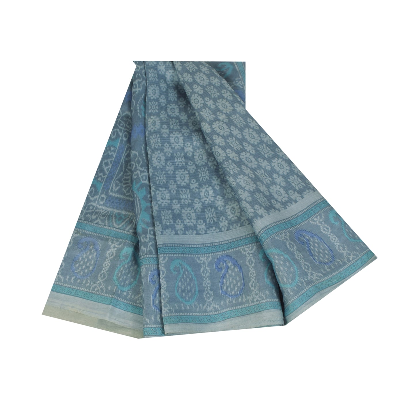 Сари в винтажном стиле на санскрите, серо-голубое, чистый шелк, напечатанное сари, 5+ ярдов, ткань для рукоделия