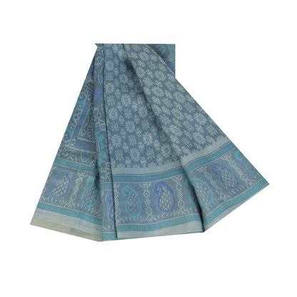 Сари в винтажном стиле на санскрите, серо-голубое, чистый шелк, напечатанное сари, 5+ ярдов, ткань для рукоделия