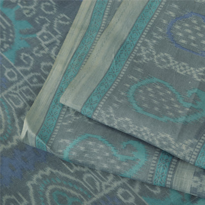 Сари в винтажном стиле на санскрите, серо-голубое, чистый шелк, напечатанное сари, 5+ ярдов, ткань для рукоделия