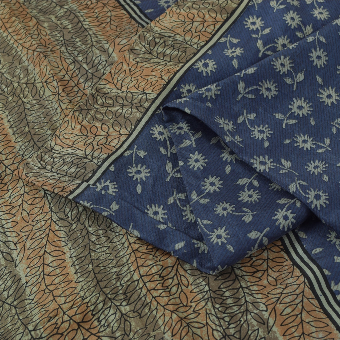Sanskriti Vintage Sarees Indian Blue 100% Pure Silk Print Sari 5+yd Craft Fabric