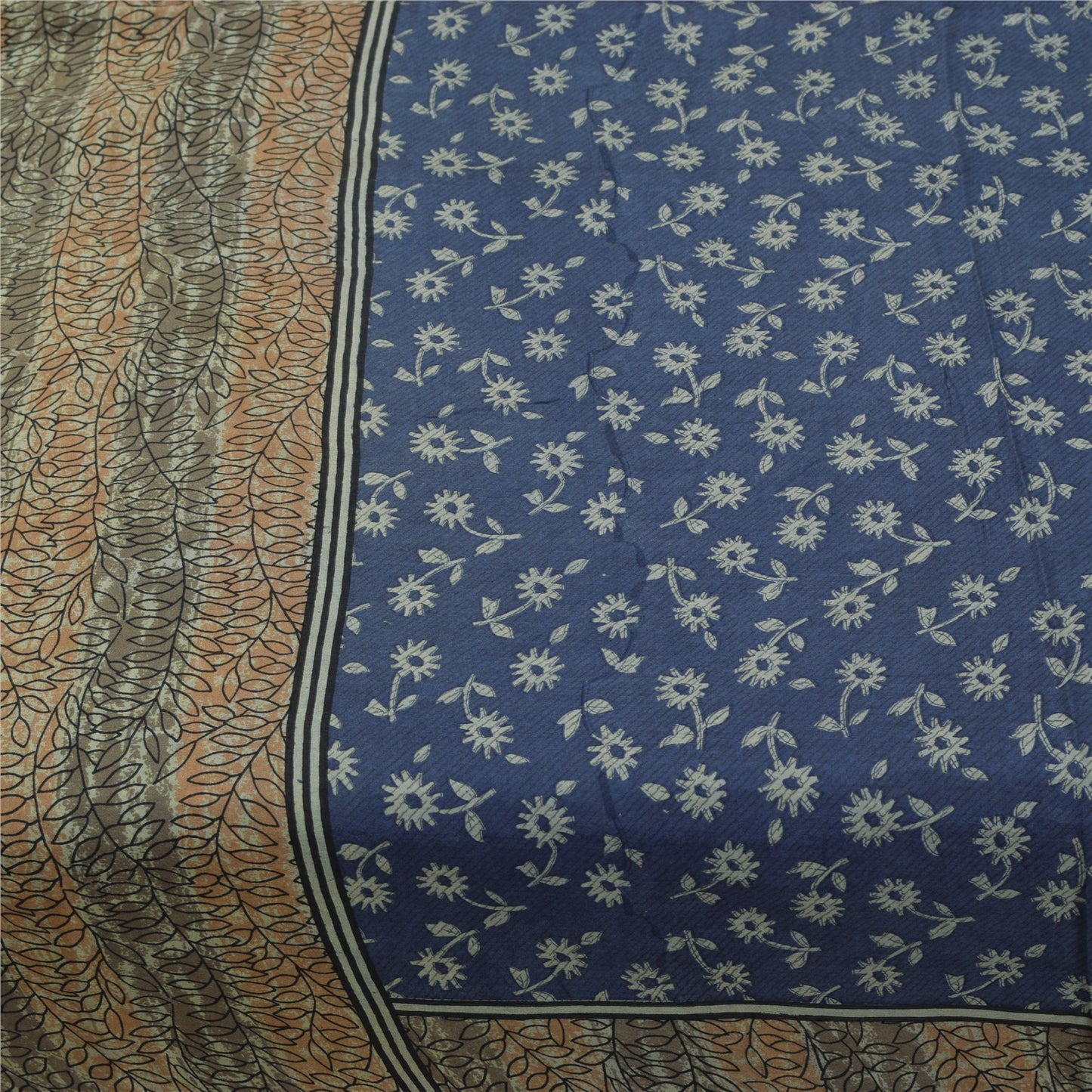 Sanskriti Vintage Sarees Indian Blue 100% Pure Silk Print Sari 5+yd Craft Fabric