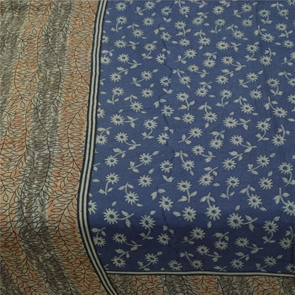 Sanskriti Vintage Sarees Indian Blue 100% Pure Silk Print Sari 5+yd Craft Fabric