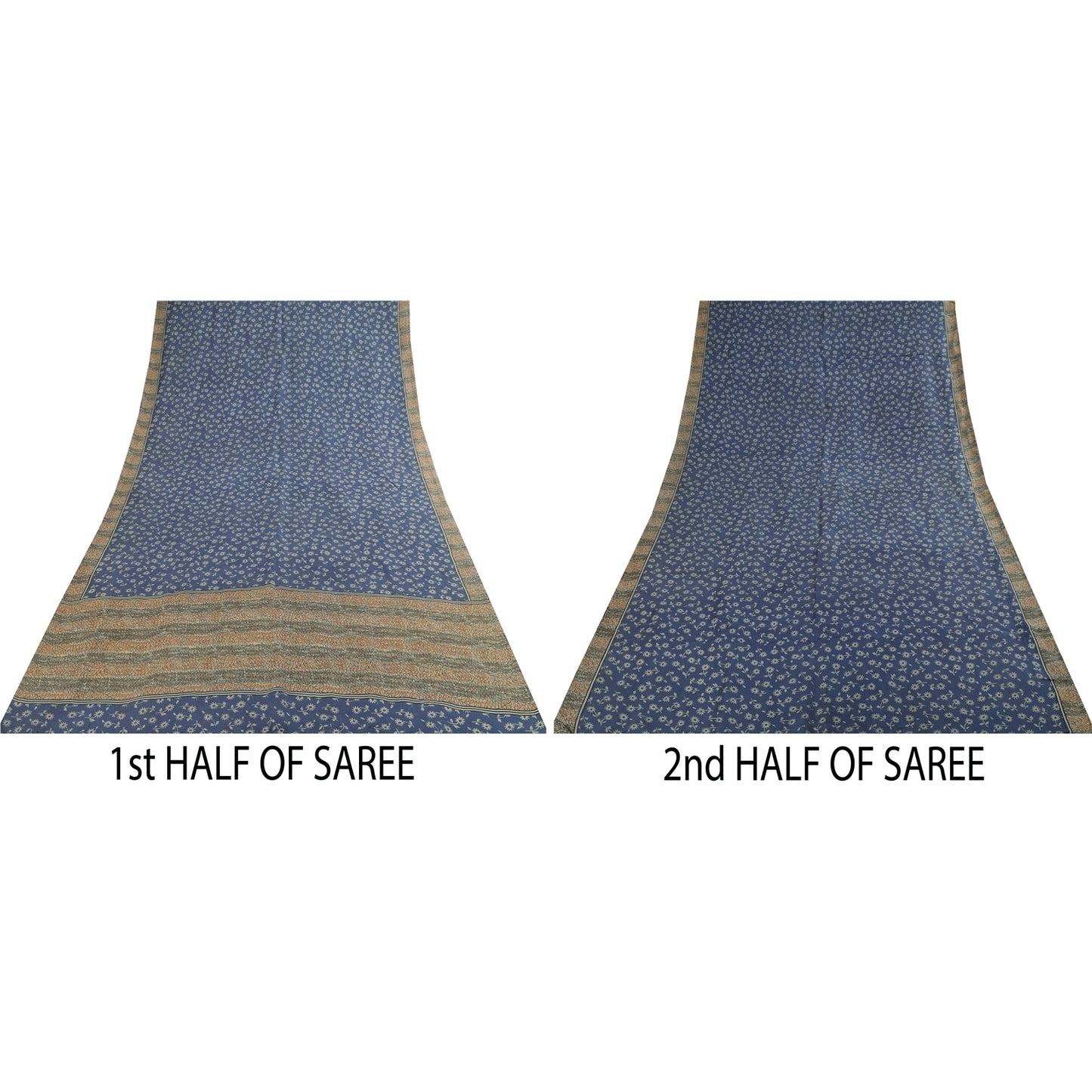 Sanskriti Vintage Sarees Indian Blue 100% Pure Silk Print Sari 5+yd Craft Fabric