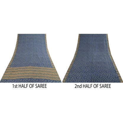 Sanskriti Vintage Sarees Indian Blue 100% Pure Silk Print Sari 5+yd Craft Fabric