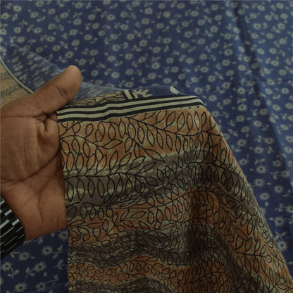 Sanskriti Vintage Sarees Indian Blue 100% Pure Silk Print Sari 5+yd Craft Fabric