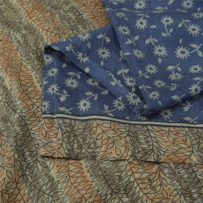 Sanskriti Vintage Sarees Indian Blue 100% Pure Silk Print Sari 5+yd Craft Fabric