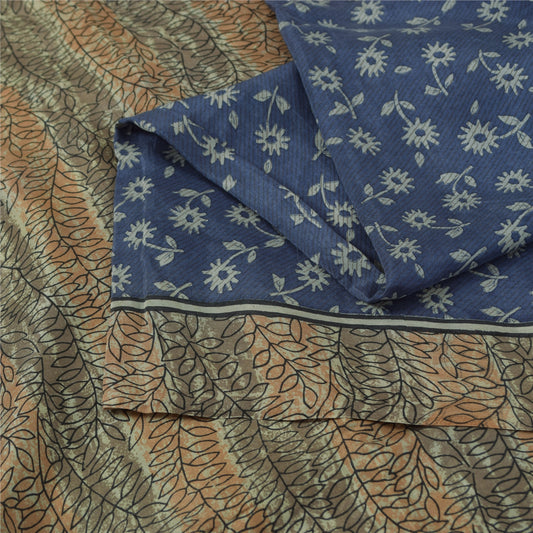 Sanskriti Vintage Sarees Indian Blue 100% Pure Silk Print Sari 5+yd Craft Fabric