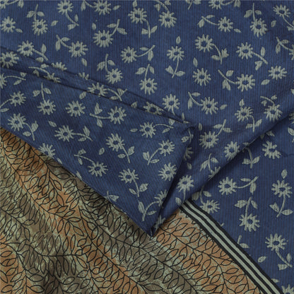 Sanskriti Vintage Sarees Indian Blue 100% Pure Silk Print Sari 5+yd Craft Fabric