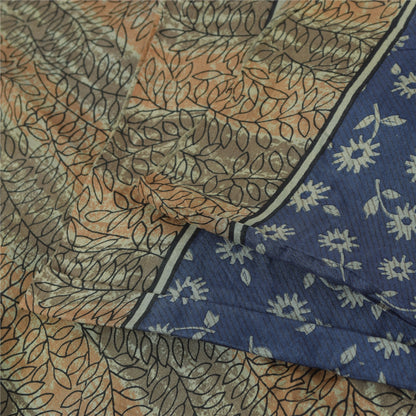 Sanskriti Vintage Sarees Indian Blue 100% Pure Silk Print Sari 5+yd Craft Fabric