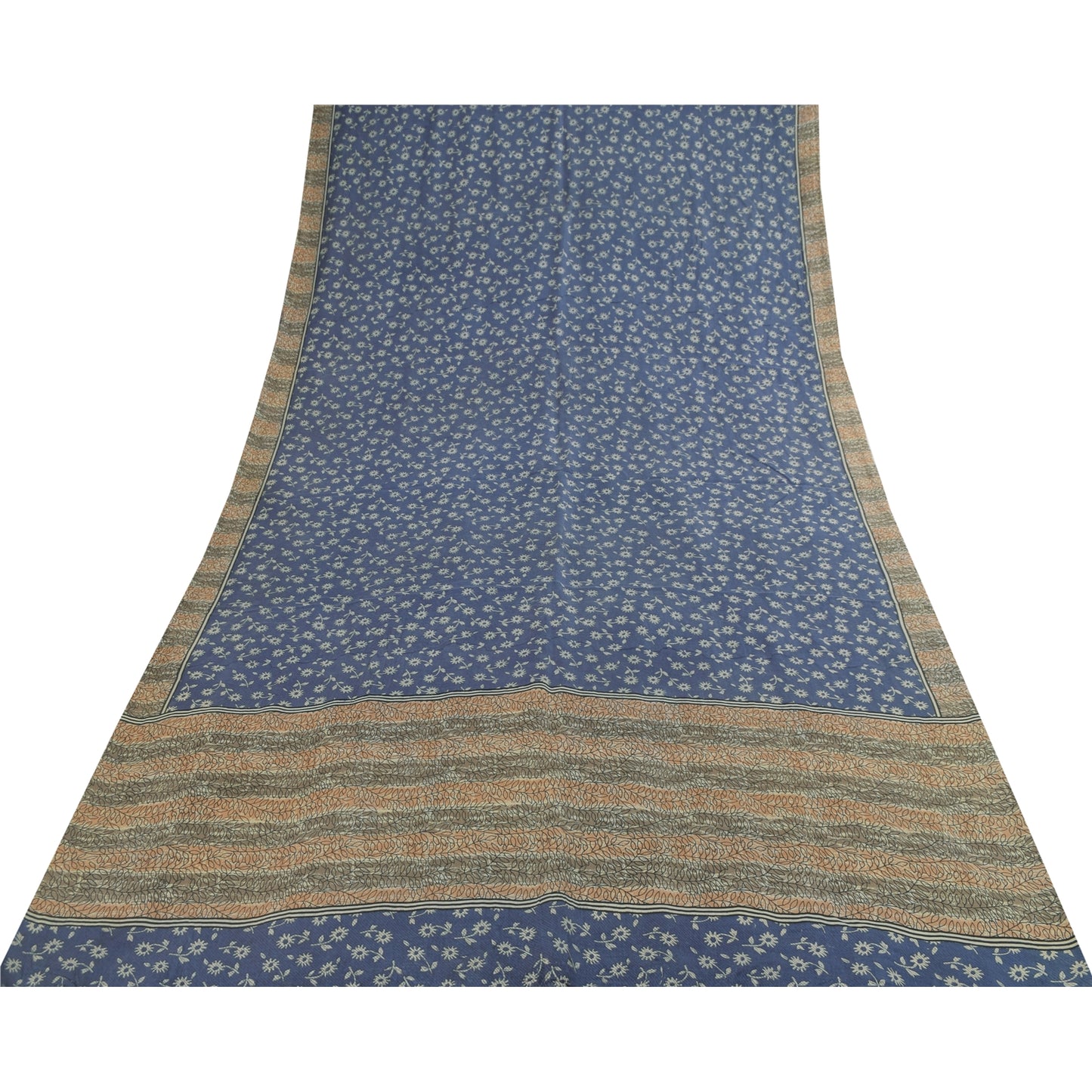 Sanskriti Vintage Sarees Indian Blue 100% Pure Silk Print Sari 5+yd Craft Fabric