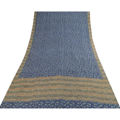 Sanskriti Vintage Sarees Indian Blue 100% Pure Silk Print Sari 5+yd Craft Fabric
