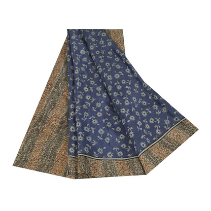Sanskriti Vintage Sarees Indian Blue 100% Pure Silk Print Sari 5+yd Craft Fabric
