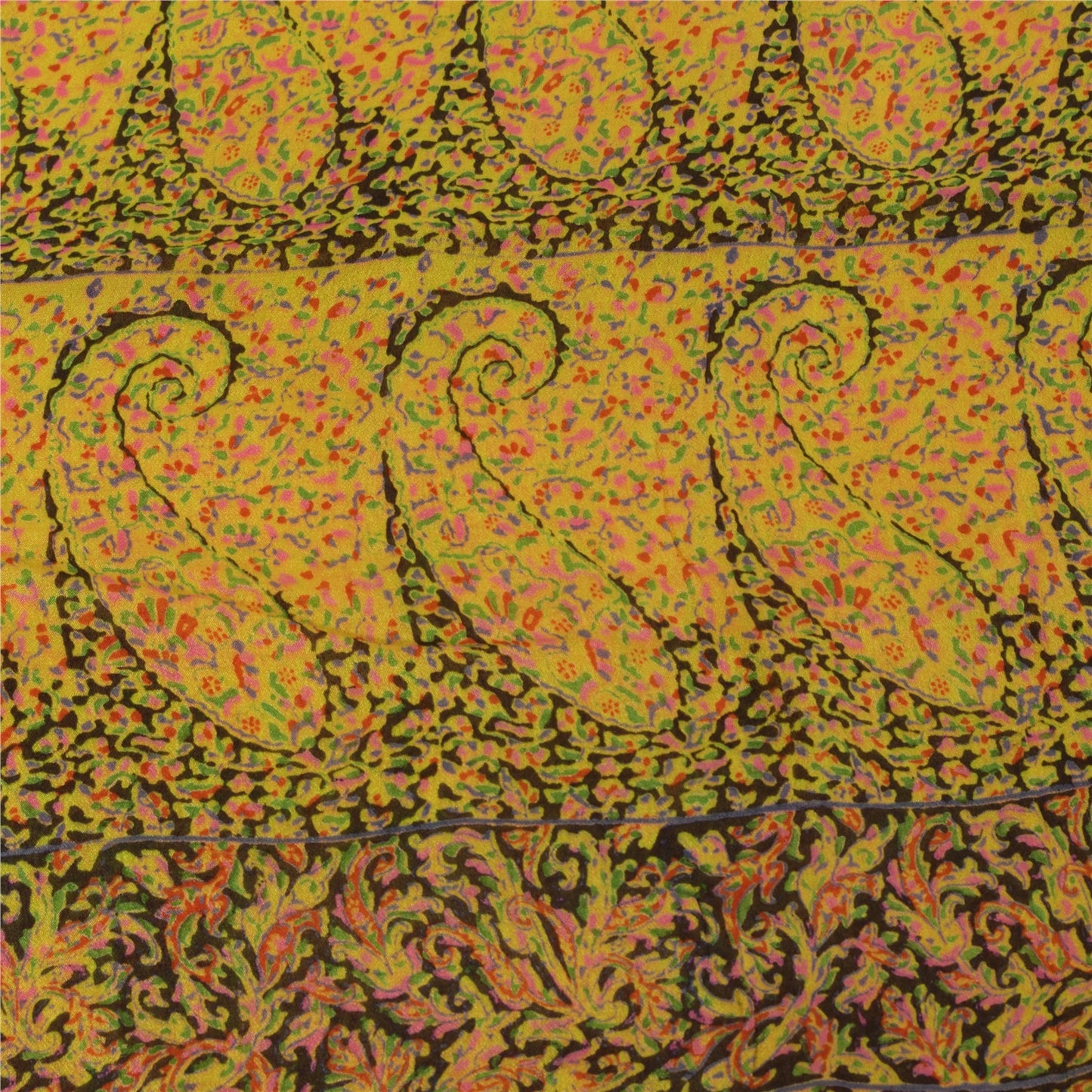 Sanskriti Vintage Sarees Yellow 100% Pure Silk Printed Sari 6+yd Craft Fabric