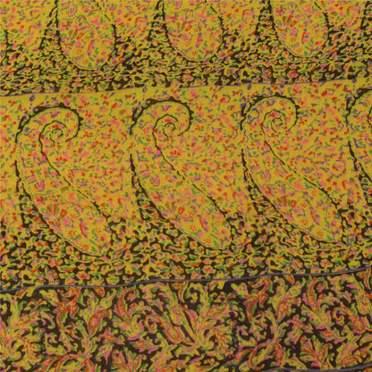 Sanskriti Vintage Sarees Yellow 100% Pure Silk Printed Sari 6+yd Craft Fabric
