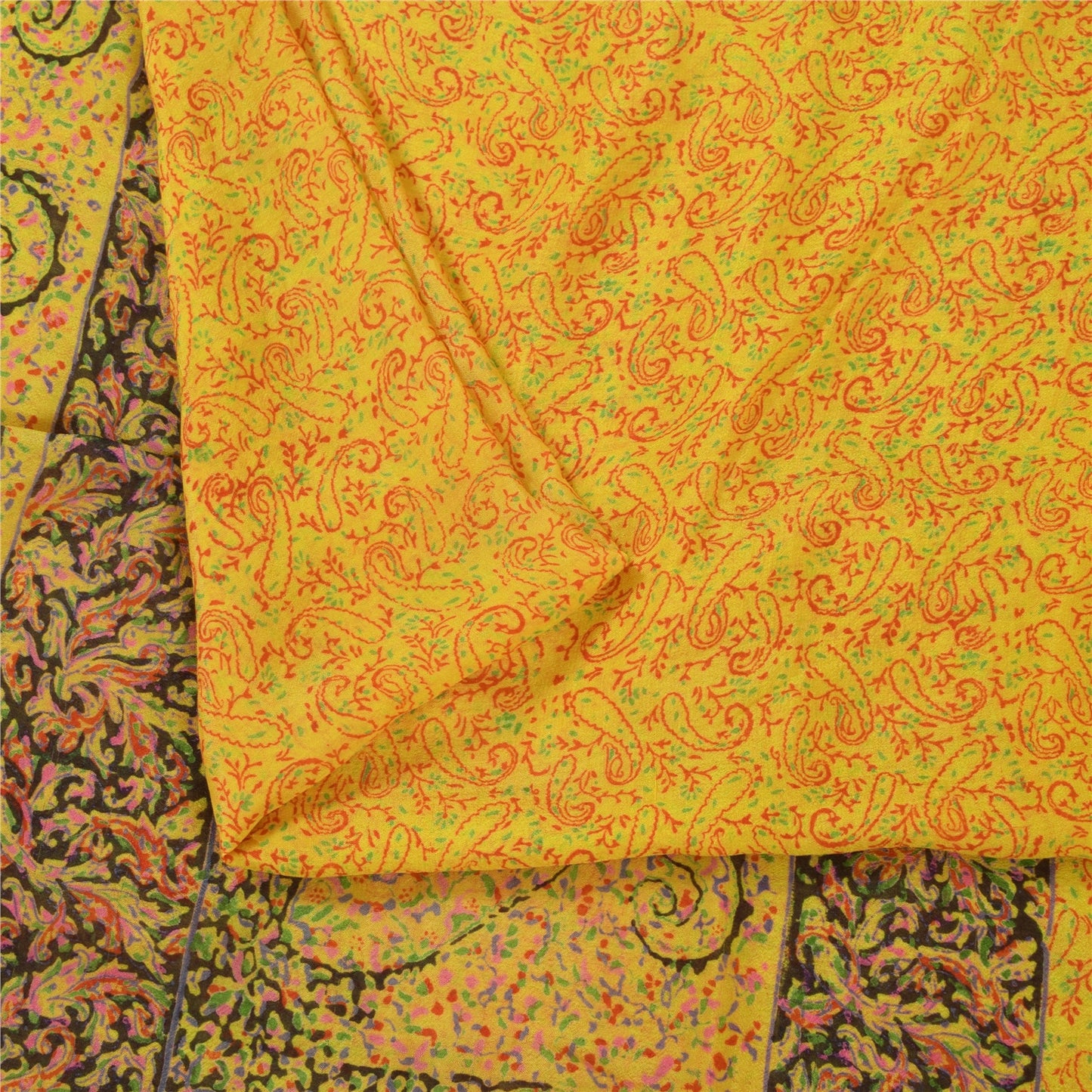 Sanskriti Vintage Sarees Yellow 100% Pure Silk Printed Sari 6+yd Craft Fabric