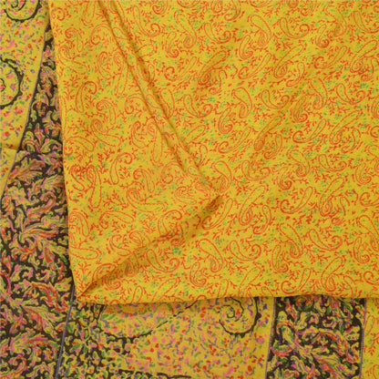 Sanskriti Vintage Sarees Yellow 100% Pure Silk Printed Sari 6+yd Craft Fabric