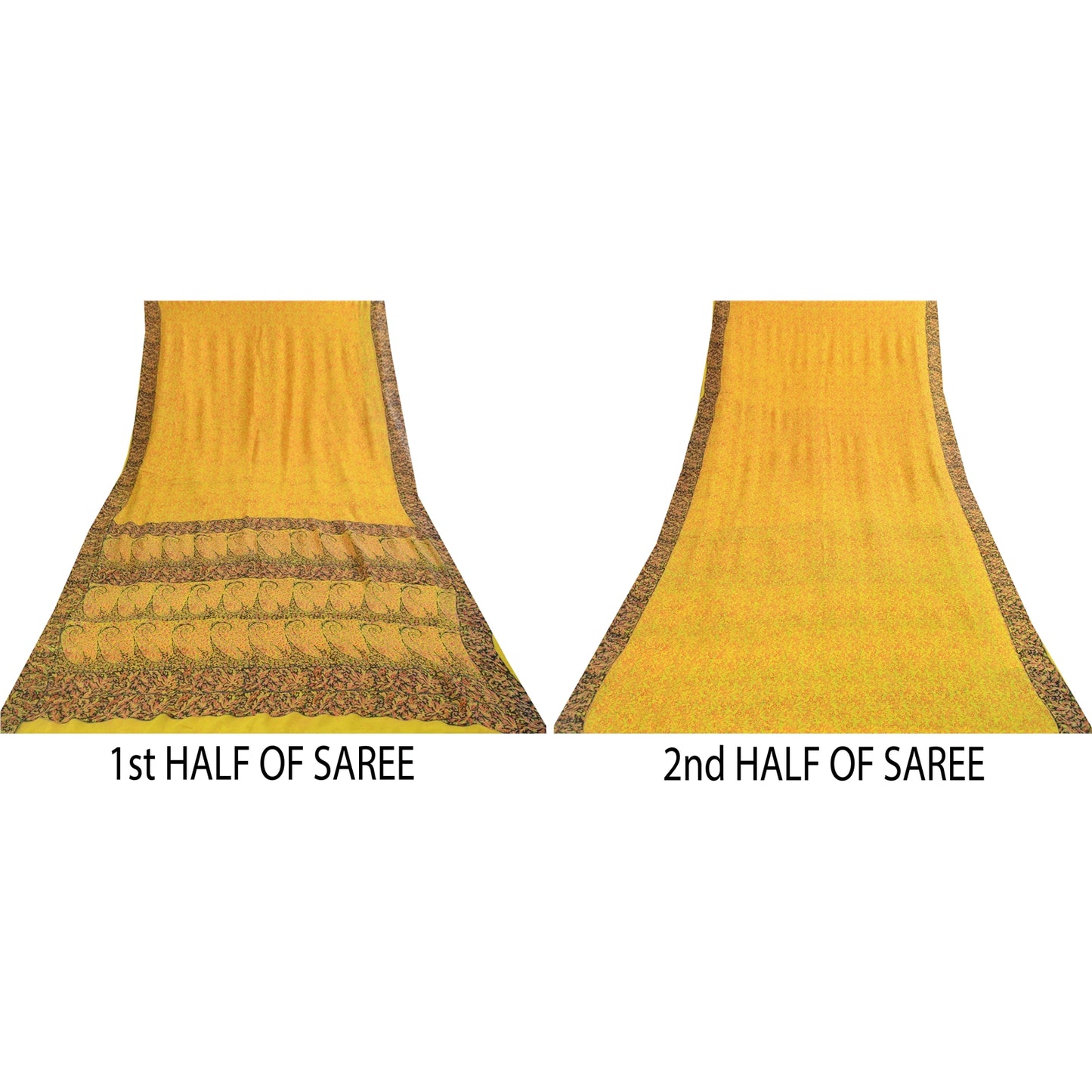 Sanskriti Vintage Sarees Yellow 100% Pure Silk Printed Sari 6+yd Craft Fabric