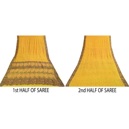 Sanskriti Vintage Sarees Yellow 100% Pure Silk Printed Sari 6+yd Craft Fabric