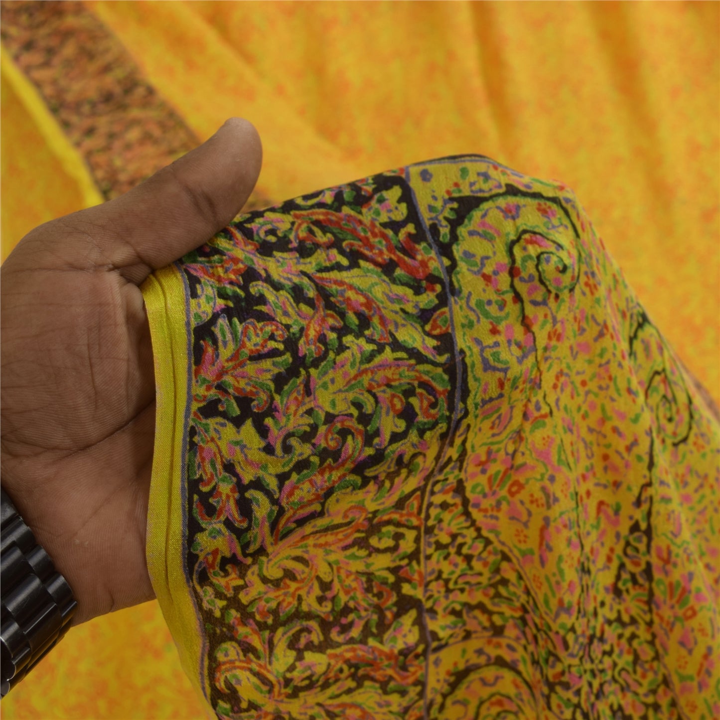 Sanskriti Vintage Sarees Yellow 100% Pure Silk Printed Sari 6+yd Craft Fabric