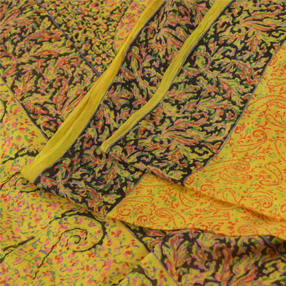 Sanskriti Vintage Sarees Yellow 100% Pure Silk Printed Sari 6+yd Craft Fabric