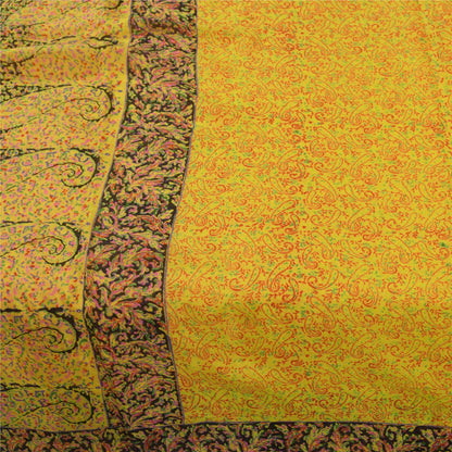Sanskriti Vintage Sarees Yellow 100% Pure Silk Printed Sari 6+yd Craft Fabric