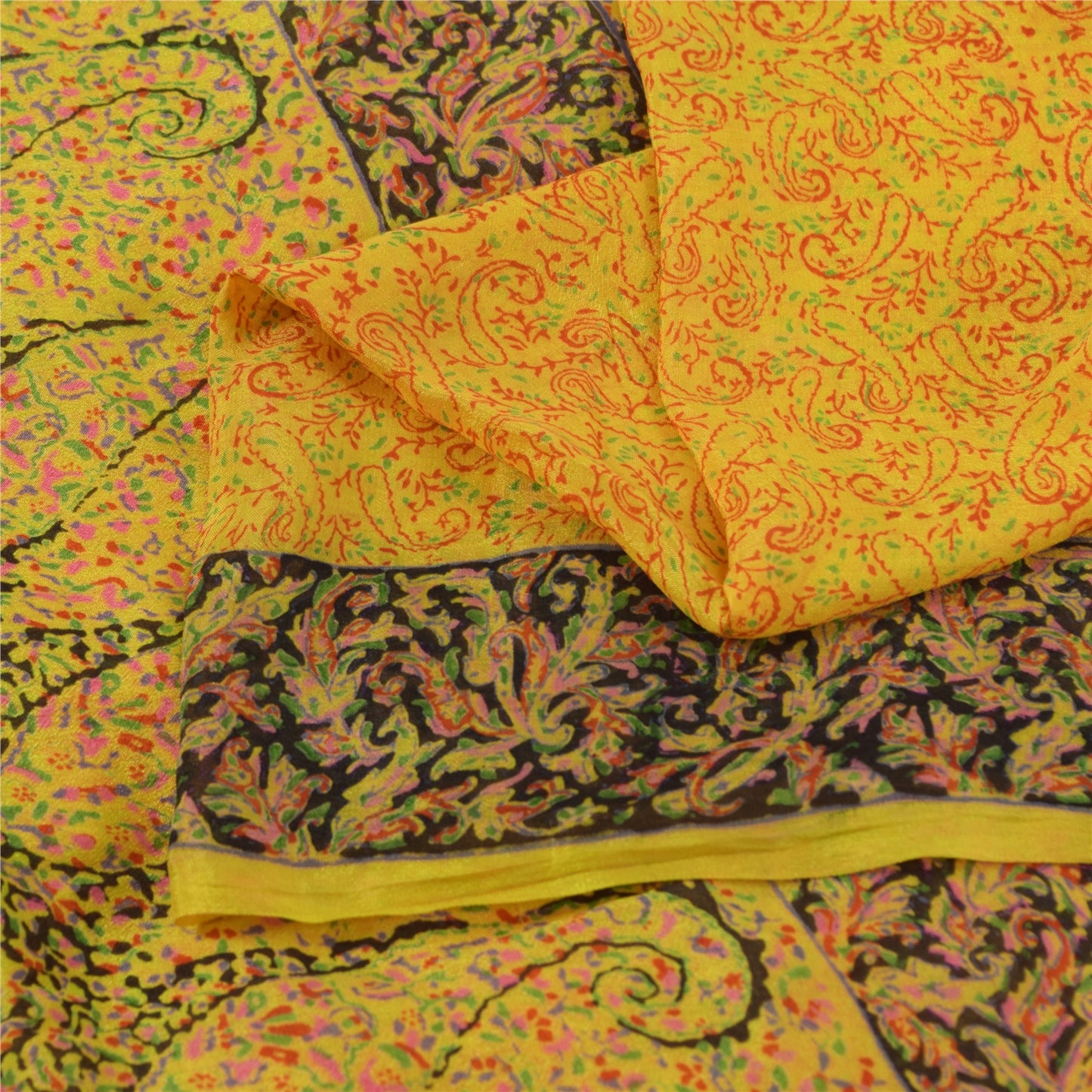 Sanskriti Vintage Sarees Yellow 100% Pure Silk Printed Sari 6+yd Craft Fabric