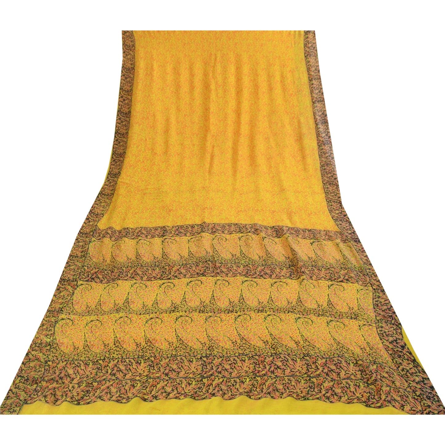 Sanskriti Vintage Sarees Yellow 100% Pure Silk Printed Sari 6+yd Craft Fabric