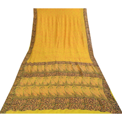 Sanskriti Vintage Sarees Yellow 100% Pure Silk Printed Sari 6+yd Craft Fabric