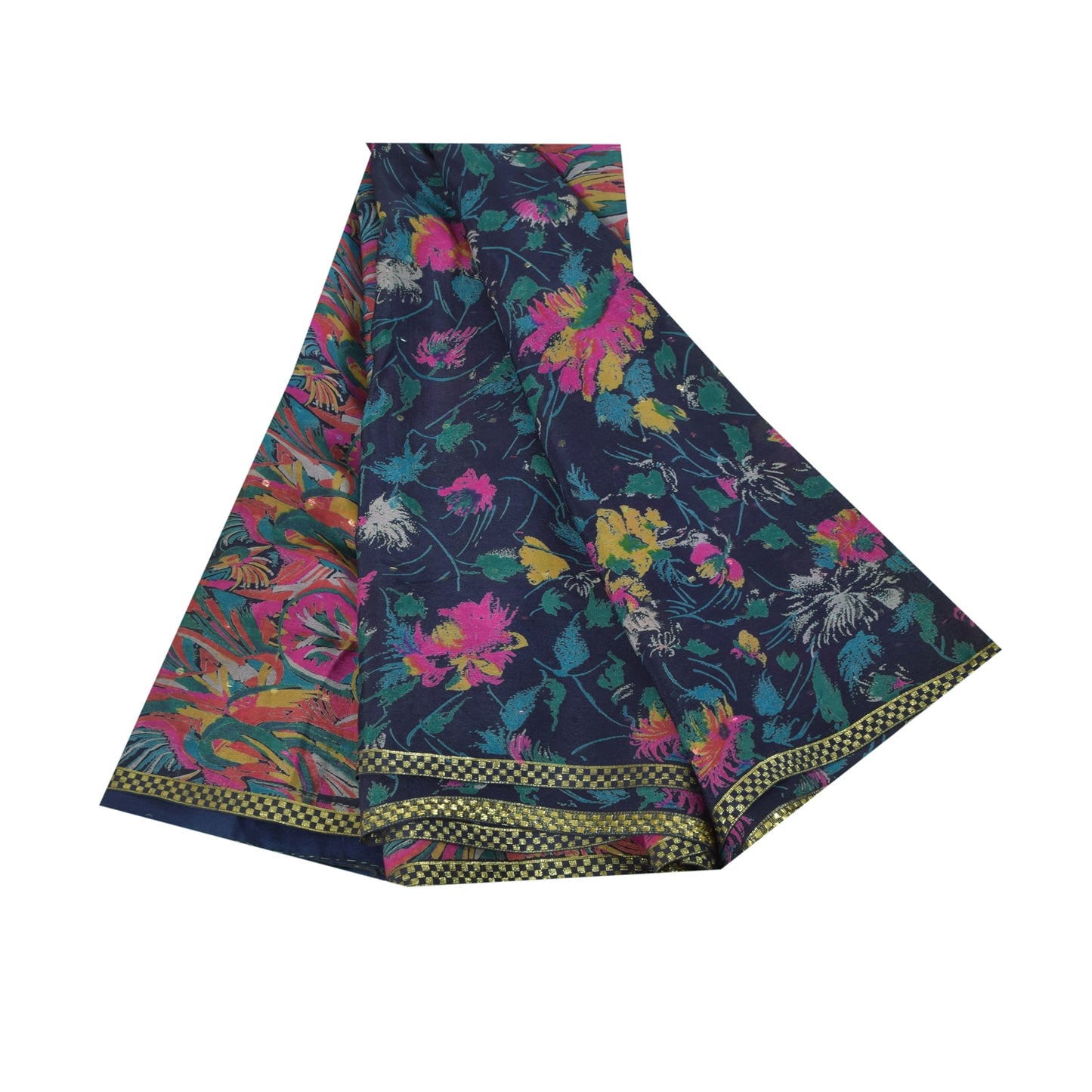 Sanskriti Vintage Sarees Blue Pure Silk Printed Woven Sari 5+yd Craft Fabric