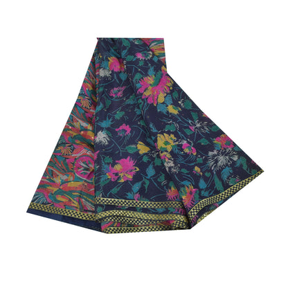 Sanskriti Vintage Sarees Blue Pure Silk Printed Woven Sari 5+yd Craft Fabric