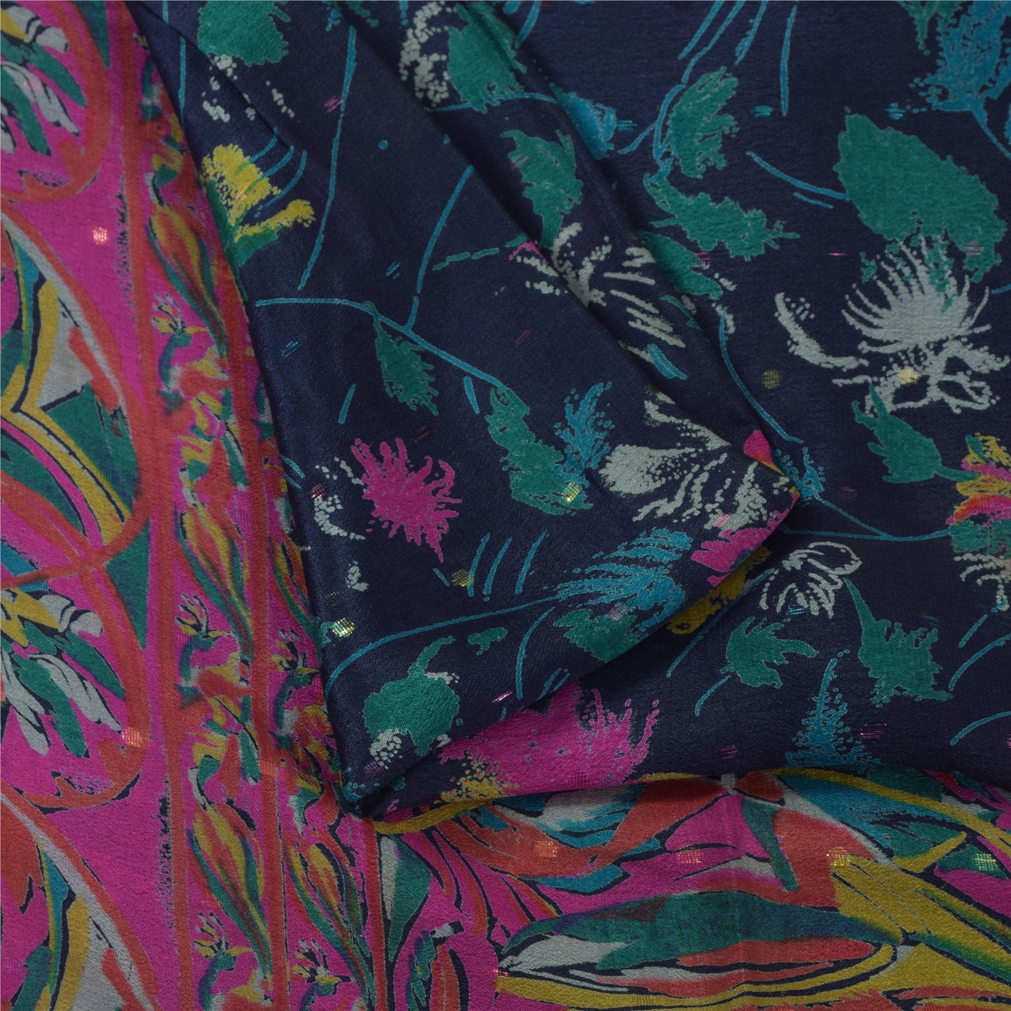 Sanskriti Vintage Sarees Blue Pure Silk Printed Woven Sari 5+yd Craft Fabric