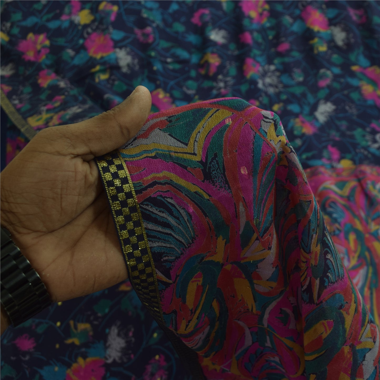 Sanskriti Vintage Sarees Blue Pure Silk Printed Woven Sari 5+yd Craft Fabric