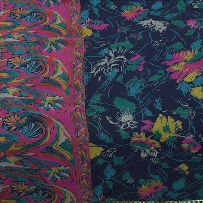 Sanskriti Vintage Sarees Blue Pure Silk Printed Woven Sari 5+yd Craft Fabric