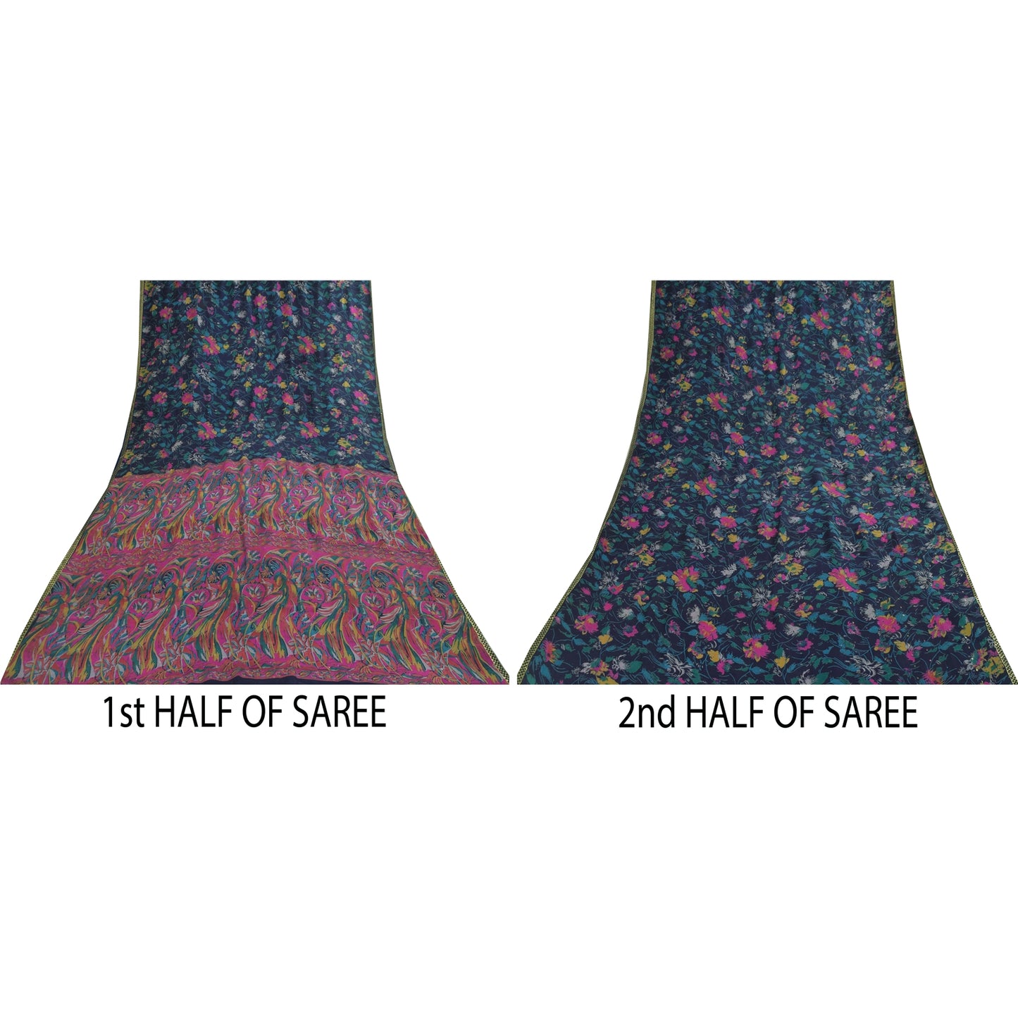 Санскритские винтажные сари, синее чистое шелковое ситцевое сари, 5+ ярдов, ткань для рукоделия