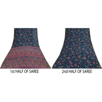 Санскритские винтажные сари, синее чистое шелковое ситцевое сари, 5+ ярдов, ткань для рукоделия